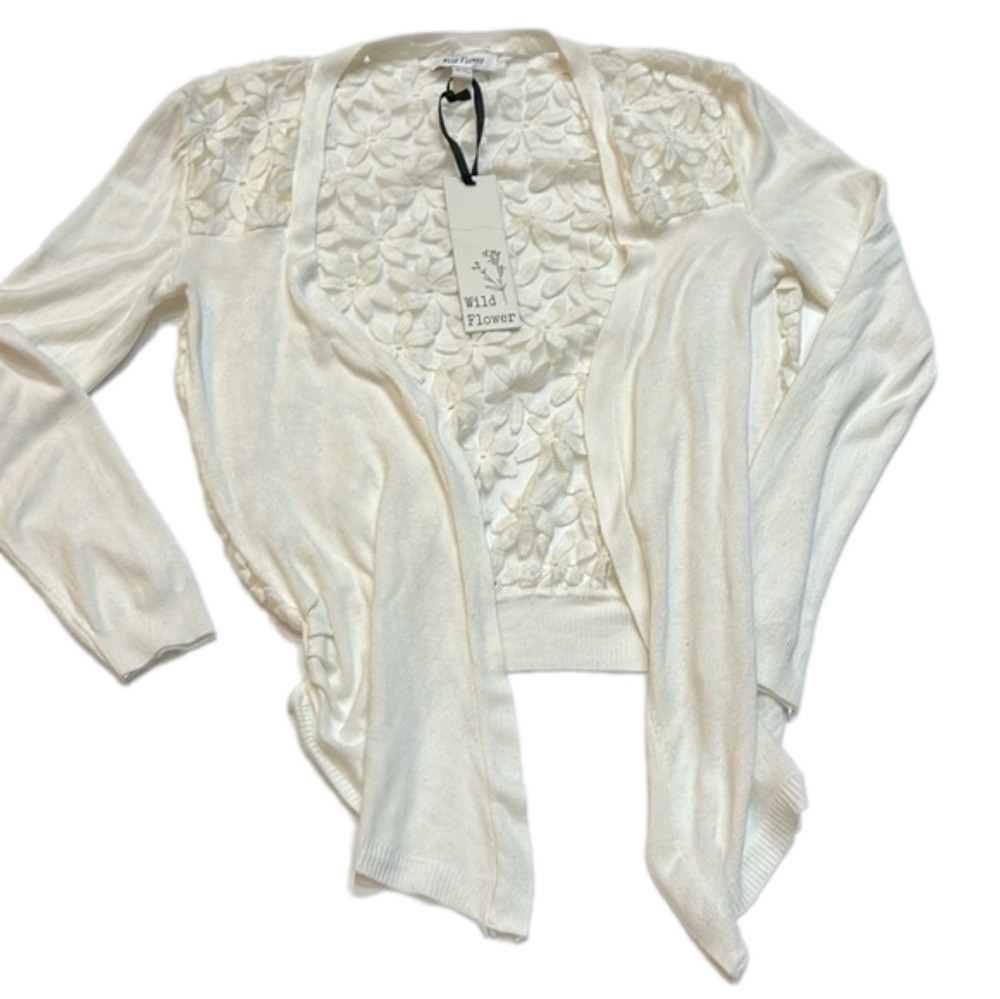 NWT  Wild Flower White Knit Open Cardigan Sheer Floral Embroidered Back Sweater
